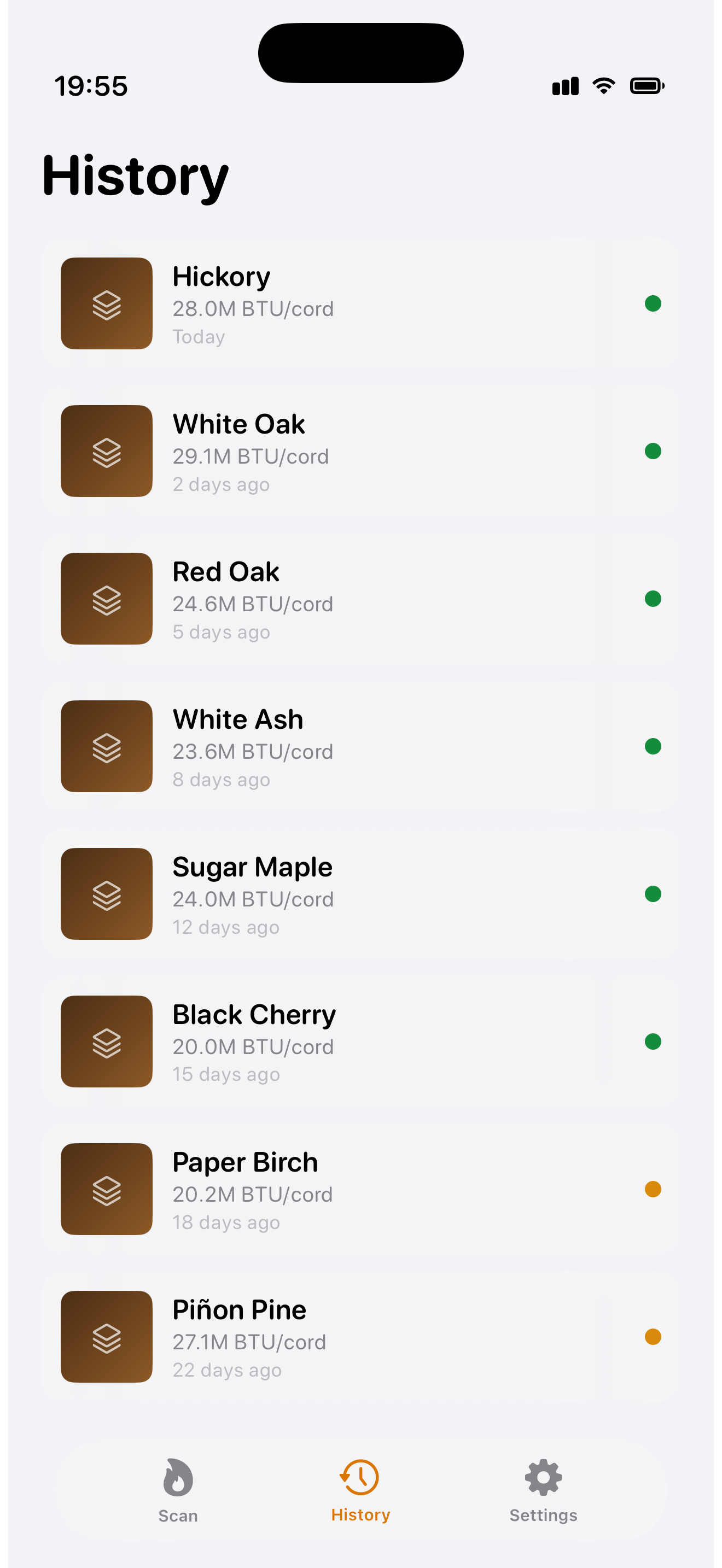 FirewoodIdentifier scan history with species, BTU, and safety dots